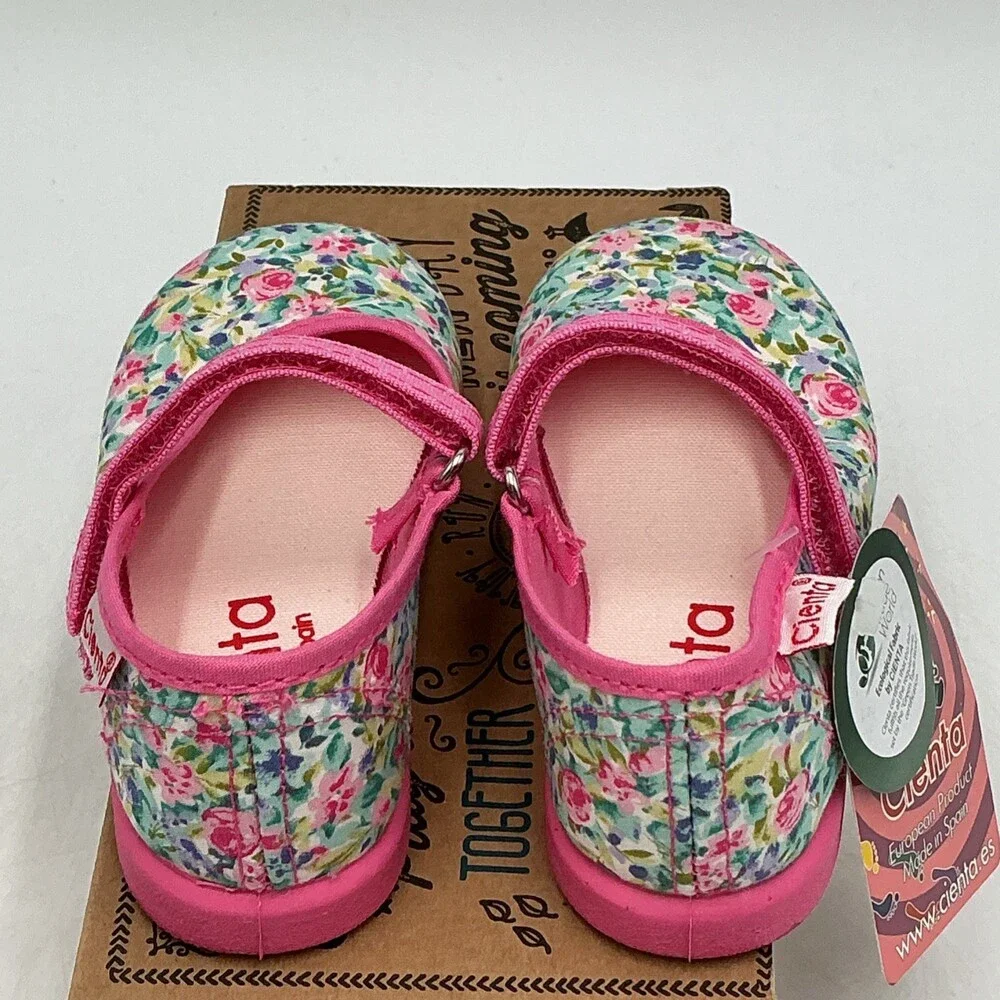 Cienta Ballet Flats Girls 7.5 Multi Floral Print Adjustable Strap Shoes Eby3173